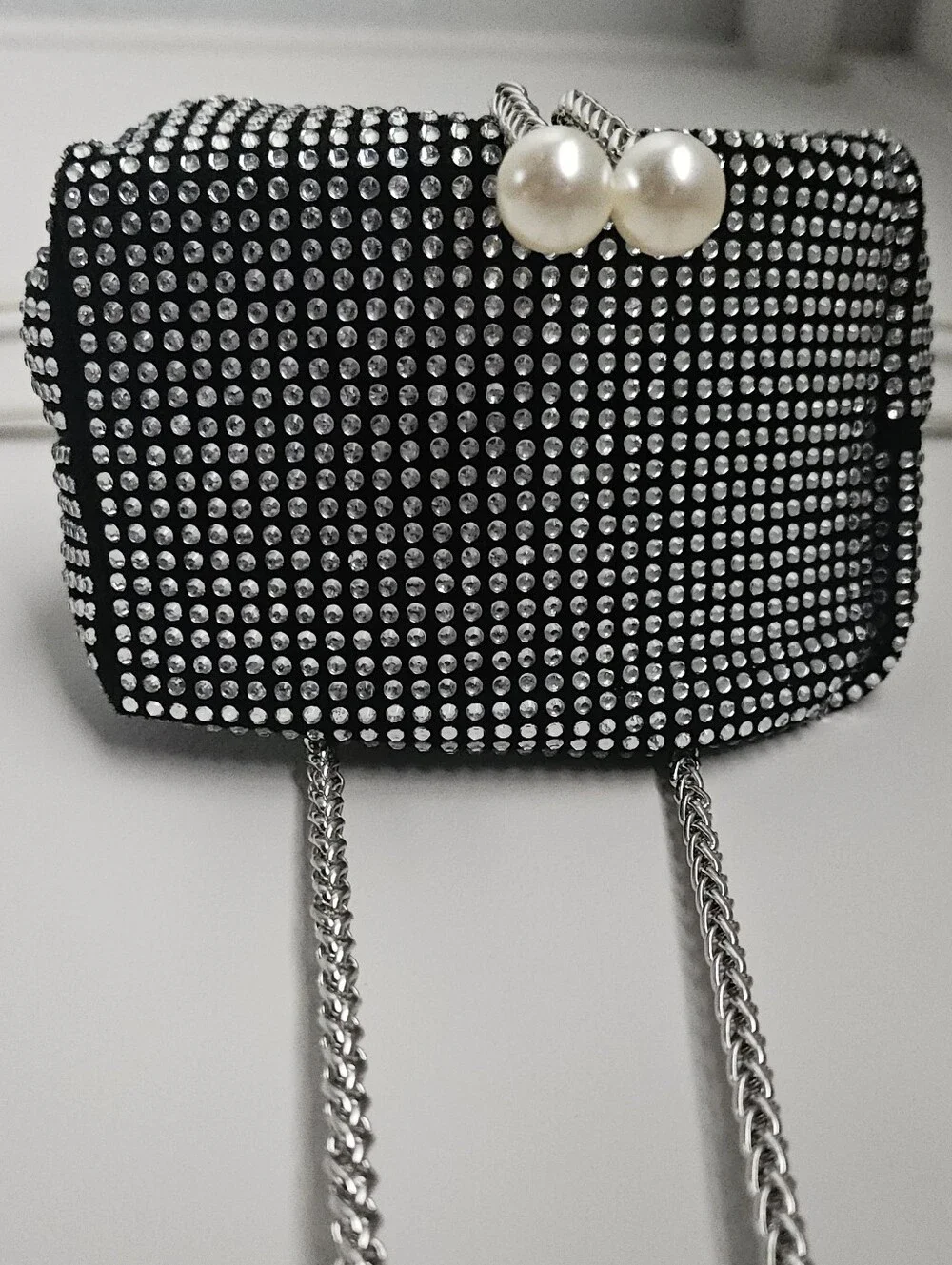 Black Rhinestone Mini Drawstring Bag With Chain - Picture 6 of 7